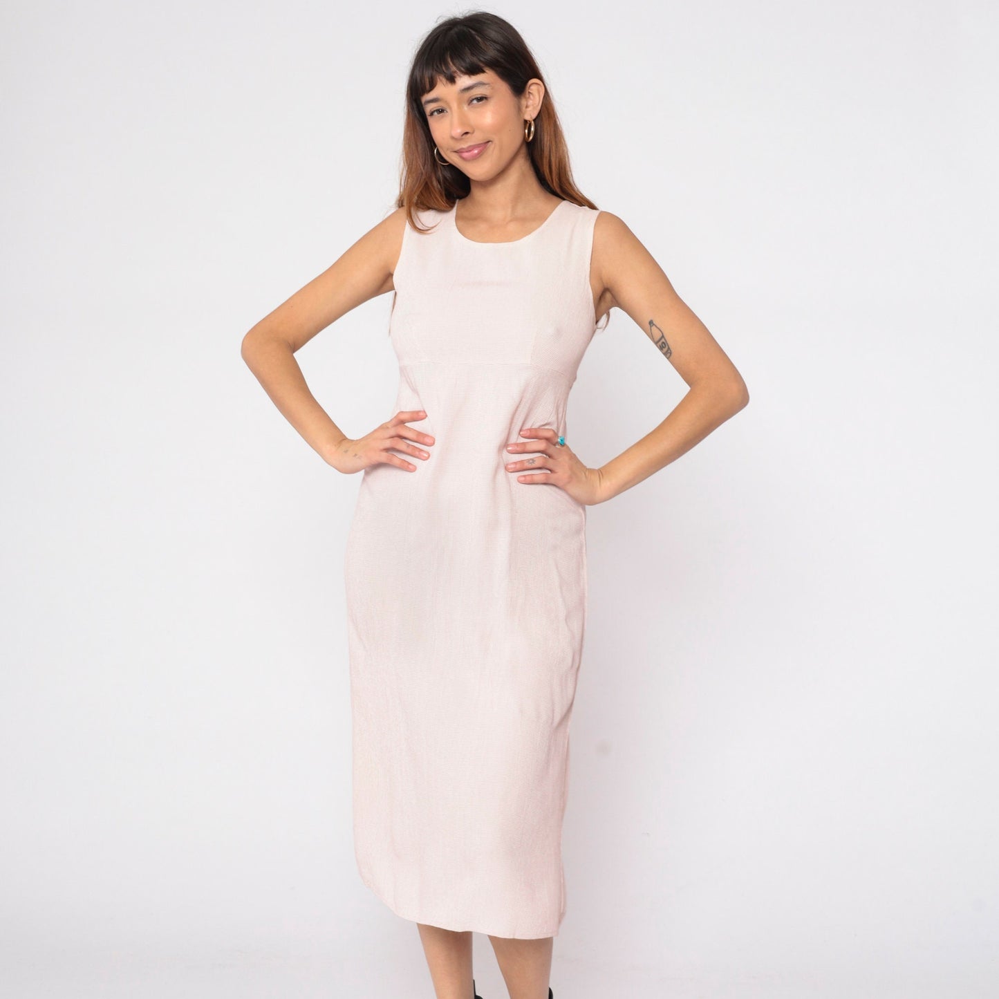 90s Cream Pink Checkered Midi Dress Empire Waist Sleeveless Small S