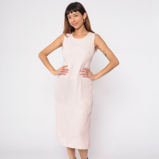 90s Cream Pink Checkered Midi Dress Empire Waist Sleeveless Small S