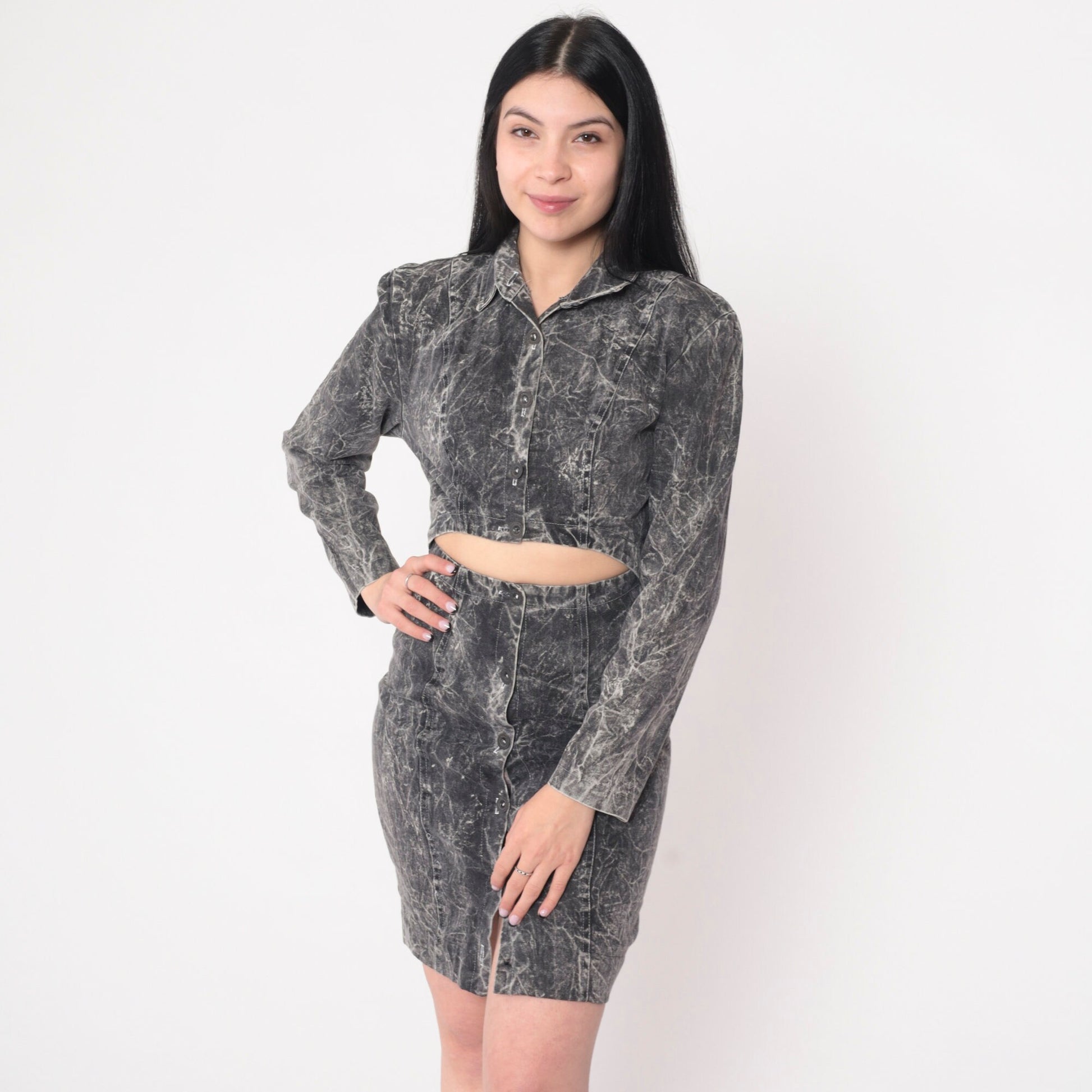 90s Rampage Acid Wash Denim Mini Dress Cutout Waist Black Extra Small