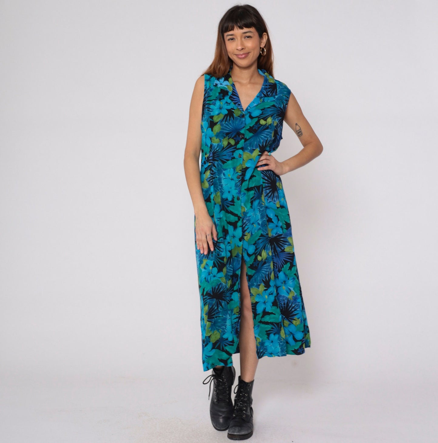 90s Tropical Floral Midi Dress Blue Hibiscus Leaf Print Collared Sleeveless Large