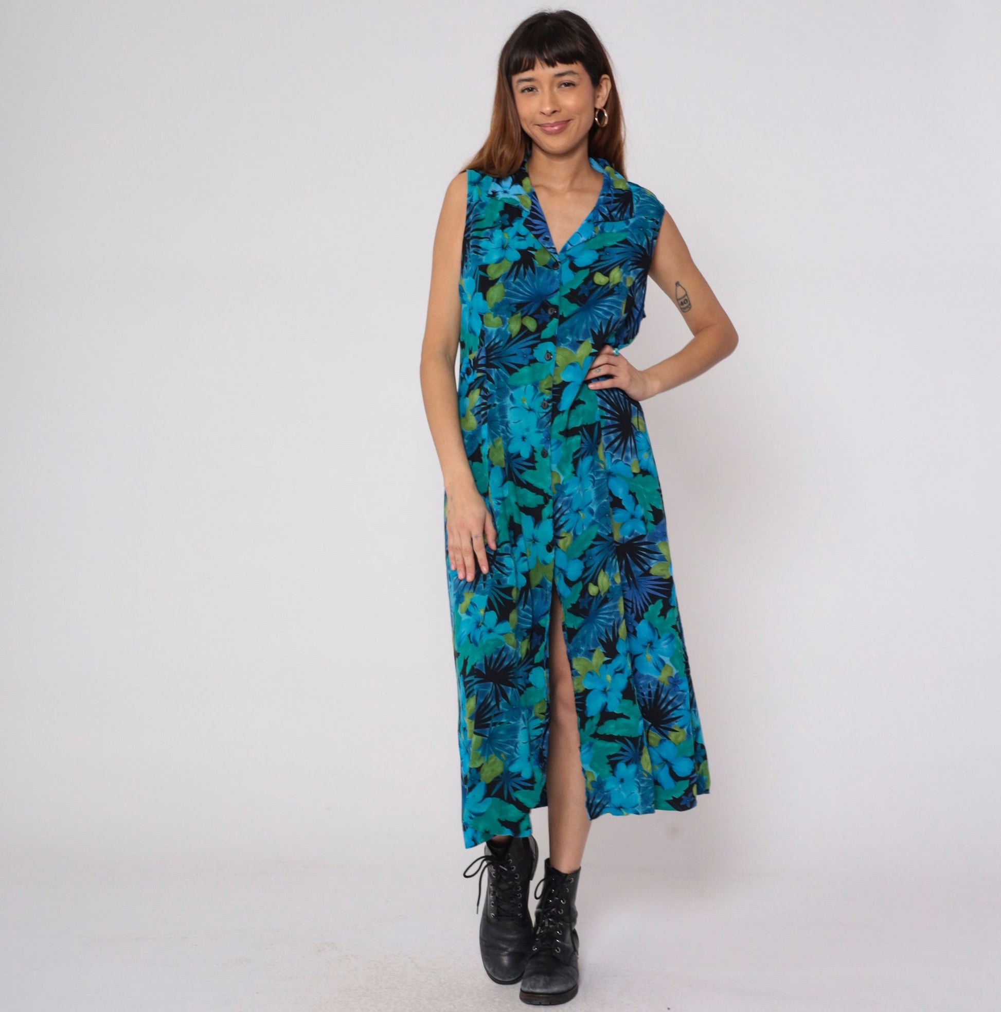 90s Tropical Floral Midi Dress Blue Hibiscus Leaf Print Collared Sleeveless Large