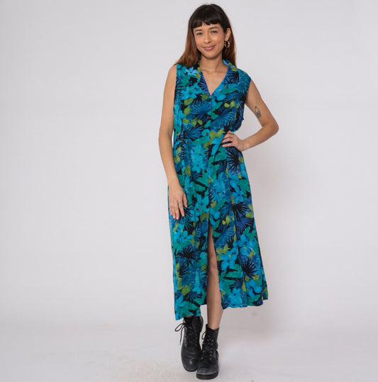 90s Tropical Floral Midi Dress Blue Hibiscus Leaf Print Collared Sleeveless Large