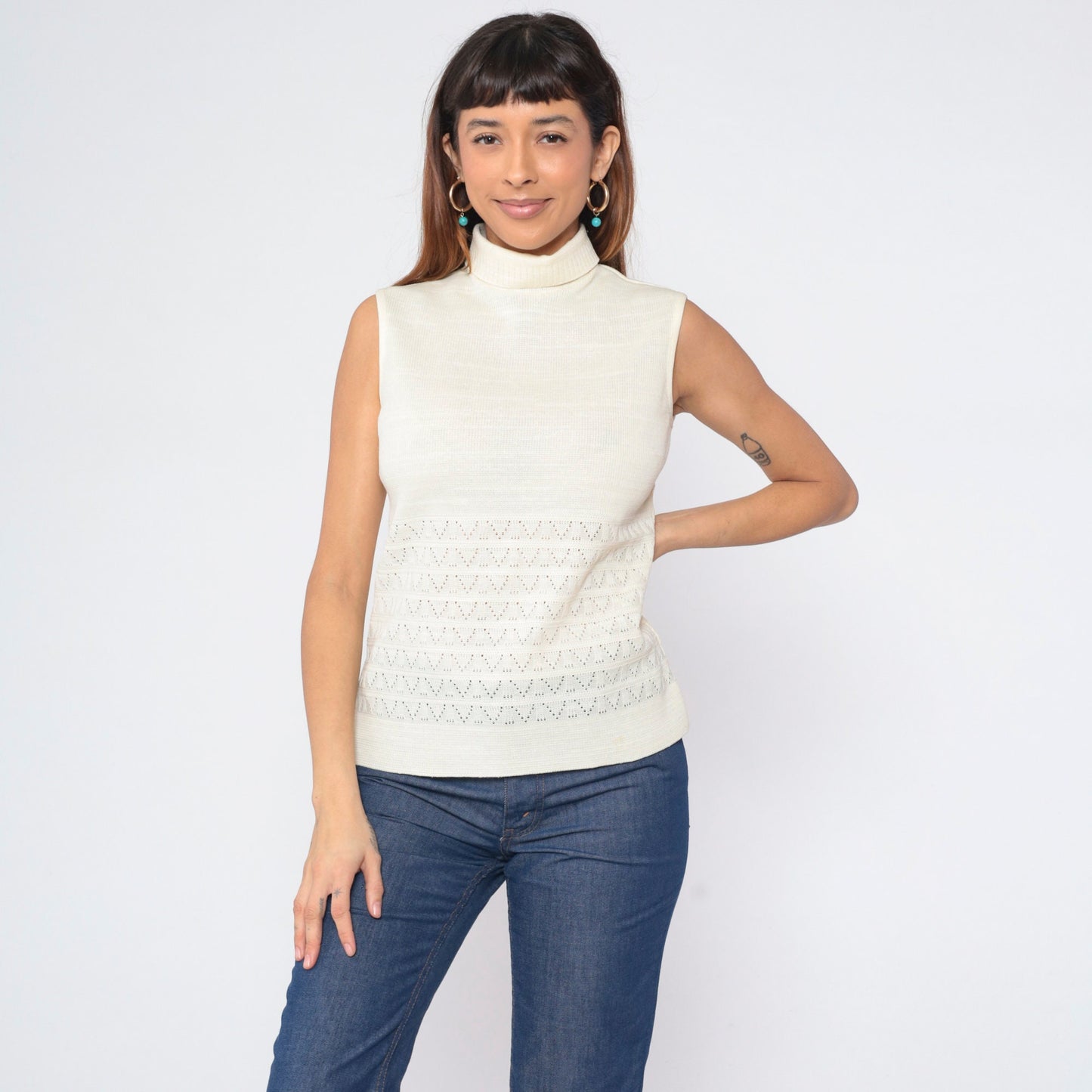 70s Cream Pointelle Knit Tank Top Mock Neck Cutout Sleeveless Small S
