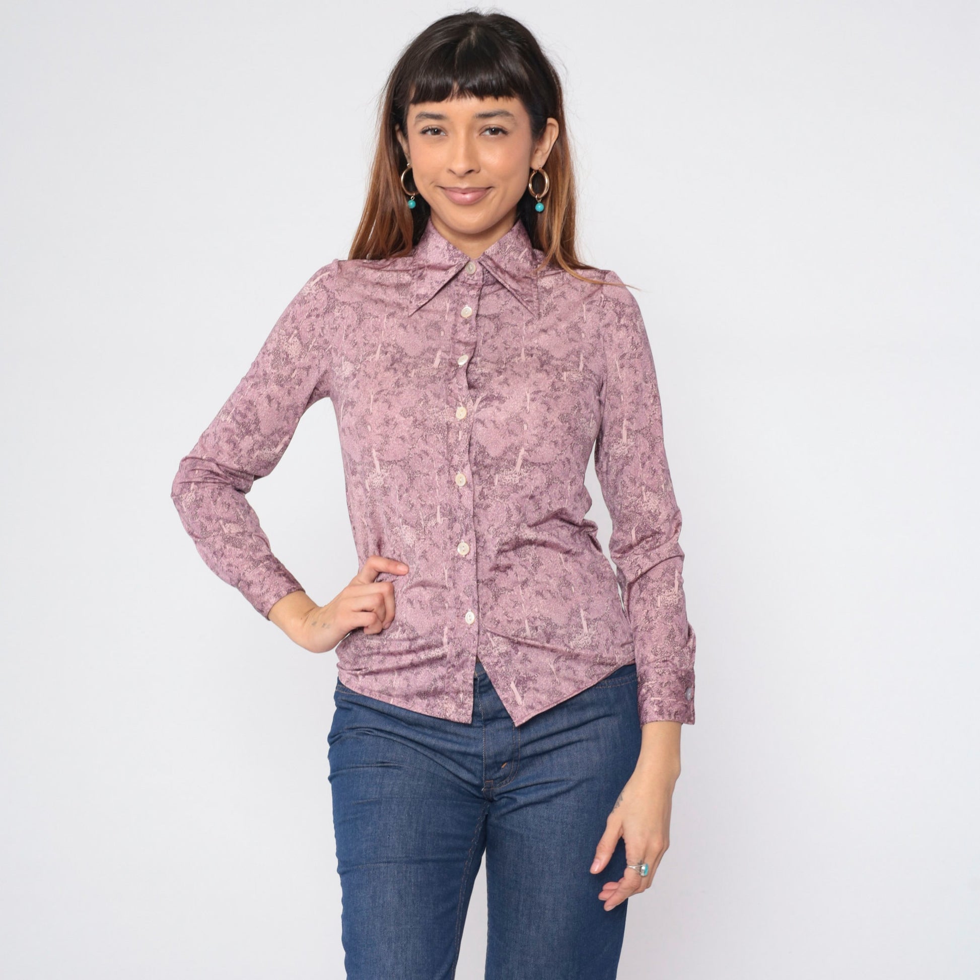 70s Oscar Valentino Tree Print Pink Button-Up Blouse Dagger Collar XS