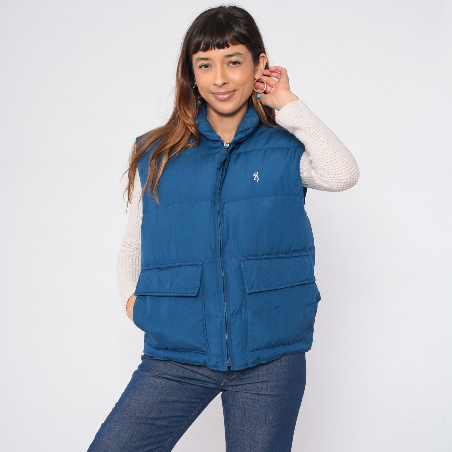 80s Browning Navy Puffer Vest Down Fill Zip Sleeveless Medium