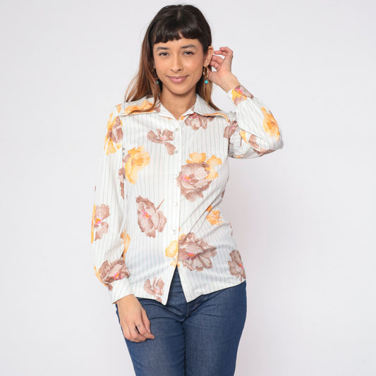 70s Striped Floral White Button-Up Blouse Pointed Collar Long Sleeve Small