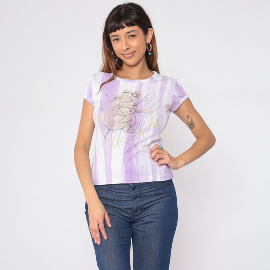 80s Koala Mama Baby Graphic T-Shirt Purple White Striped Cap Sleeve Small Medium