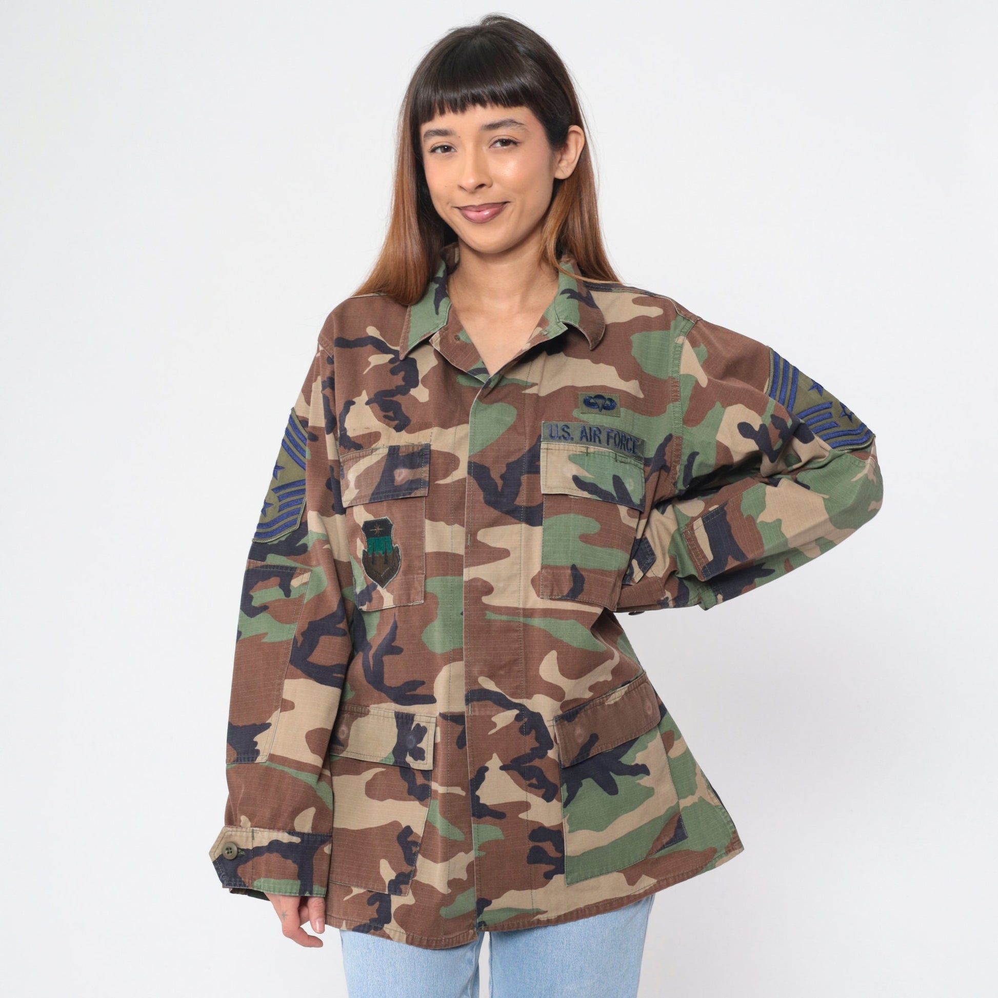 1980s US Air Force Camouflage Jacket Cargo Pockets Button Up Medium Long