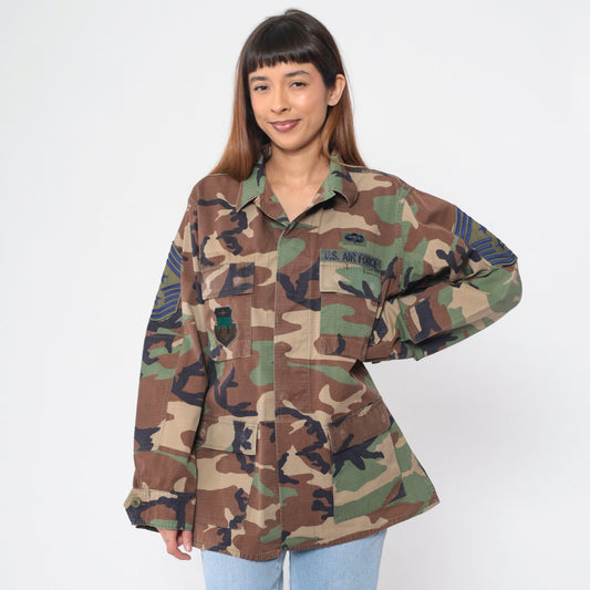1980s US Air Force Camouflage Jacket Cargo Pockets Button Up Medium Long