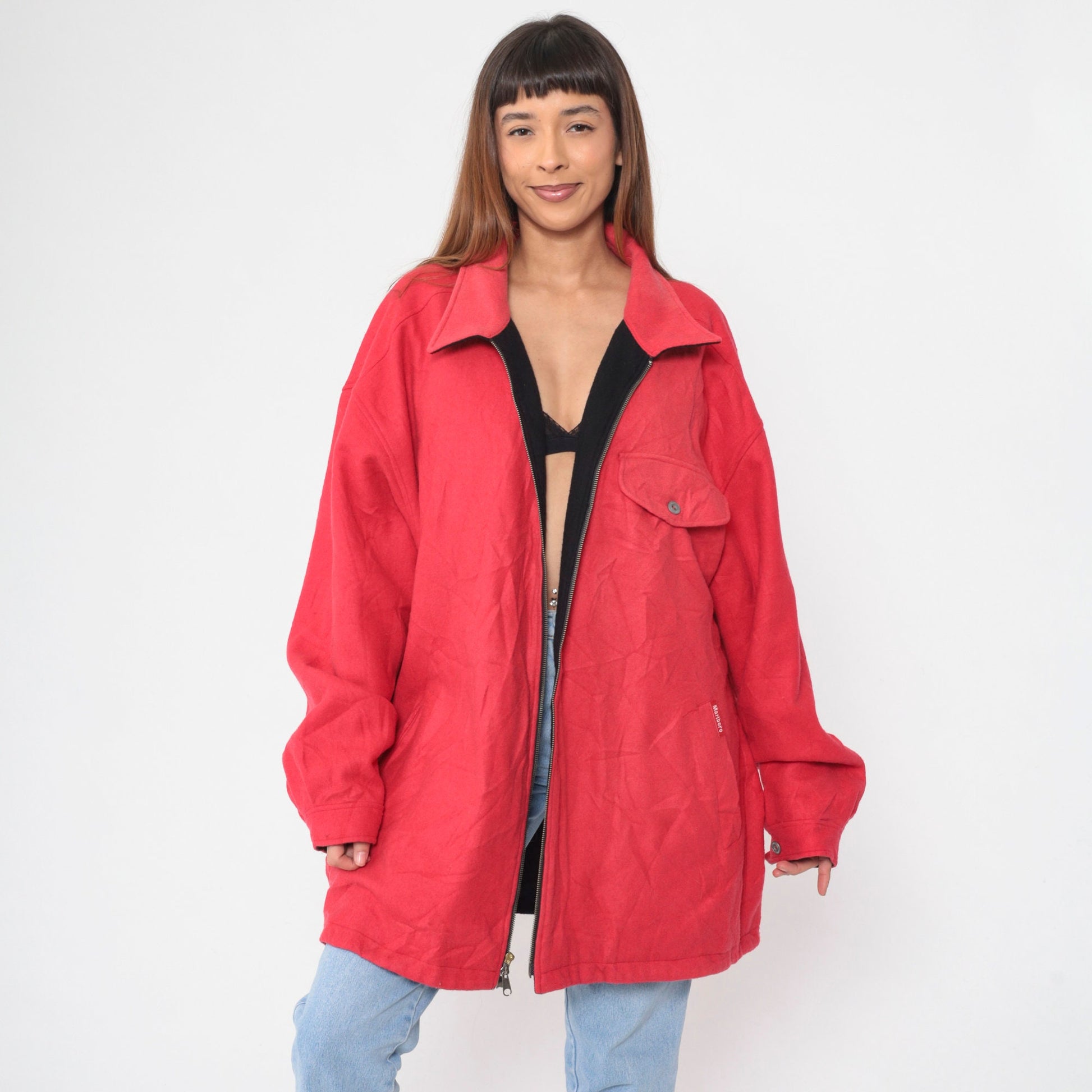 90s Marlboro Reversible Windbreaker Jacket Black Red Wool XXL
