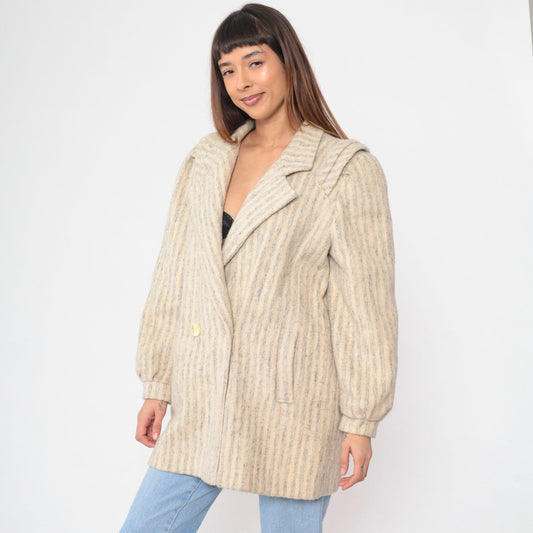 80s Striped Wool Blend Blazer Grey Cream Double Breasted Tailored Medium M