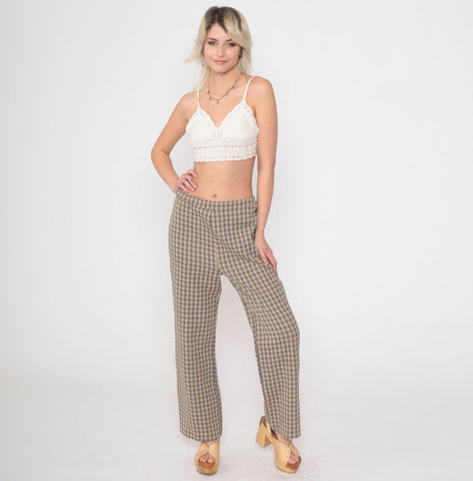 70s Houndstooth Flared Trousers High Waist Grey Tan Checkered Small Medium
