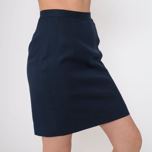 90s Ann Taylor Loft Navy Silk Pencil Skirt High Waist Mini Extra Small