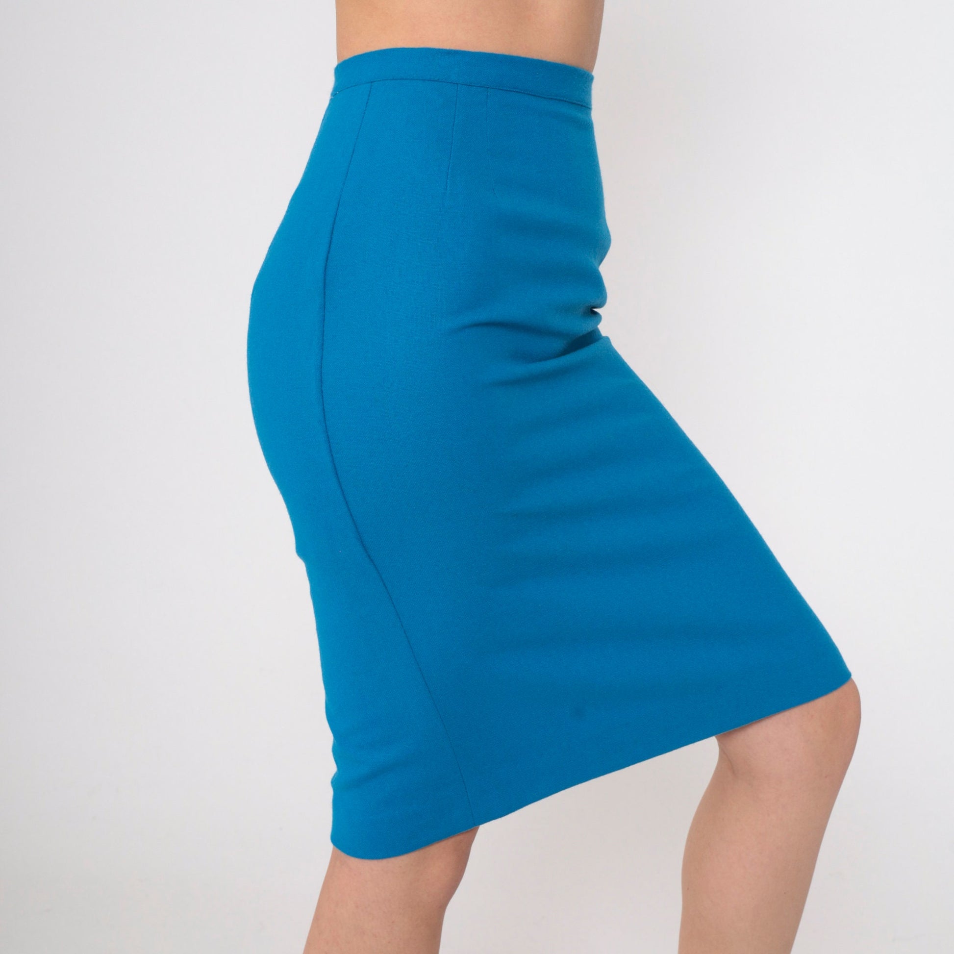 60s Blue Wool Blend Pencil Skirt High Waist Knee Length Extra Small