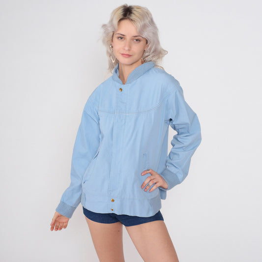 80s Baby Blue Bomber Jacket Windbreaker Zip Snap Front Medium