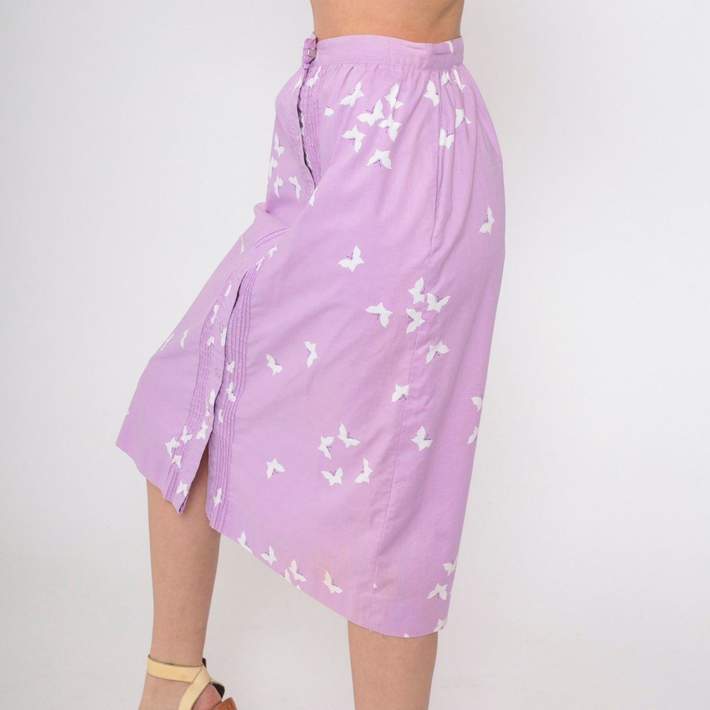 70s Lavender Butterfly Button Skirt High Waist Pintucked Midi Small