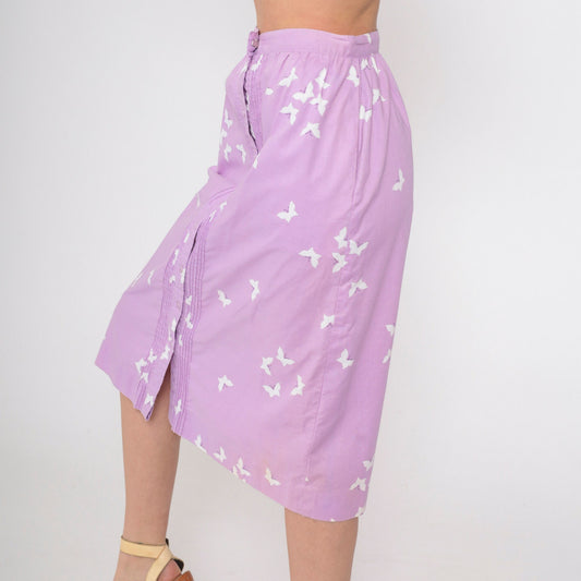 70s Lavender Butterfly Button Skirt High Waist Pintucked Midi Small