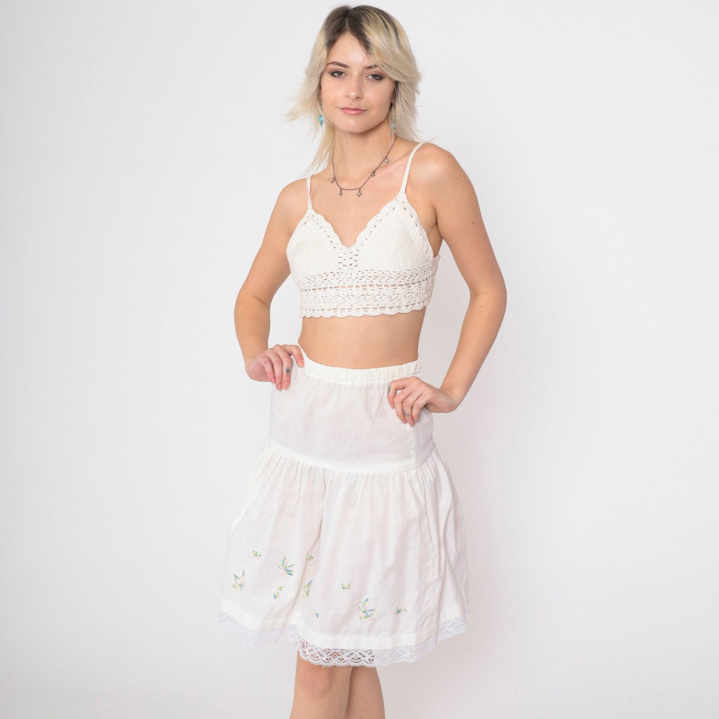 70s White Butterfly Embroidered Slip Skirt Lace Trim Extra Small