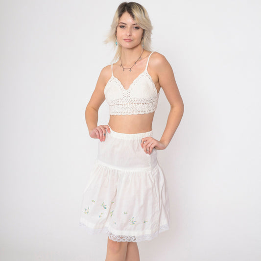 70s White Butterfly Embroidered Slip Skirt Lace Trim Extra Small