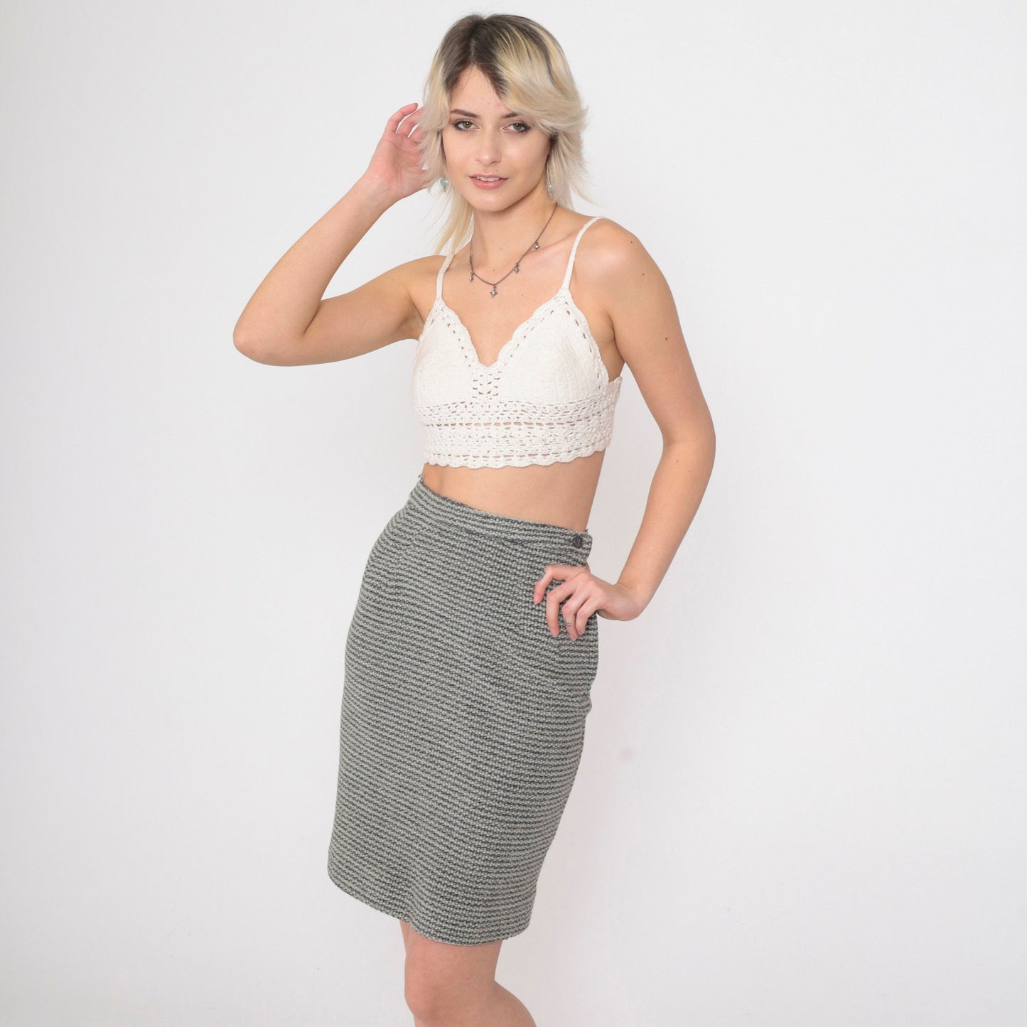 60s Grey Striped Wool Pencil Skirt High Waisted Mini Extra Small XS