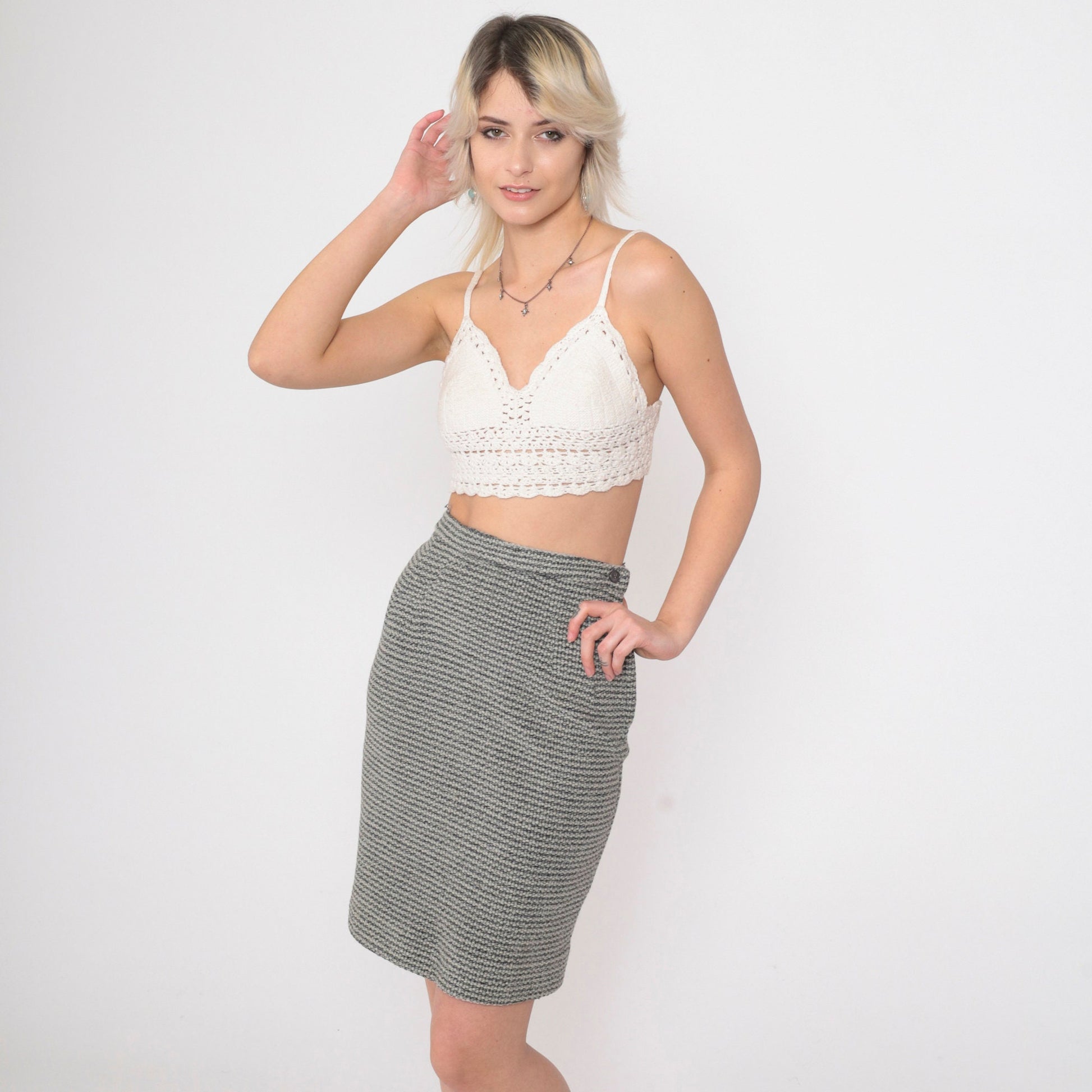 60s Grey Striped Wool Pencil Skirt High Waisted Mini Extra Small XS