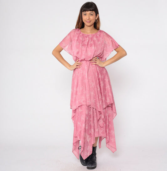 70s Pink Floral Handkerchief Hem Midi Dress Split Sleeve Grecian Small