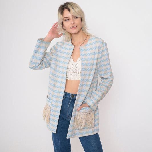 70s Nardis of Dallas Baby Blue Checkered Chevron Open Front Jacket Small Medium