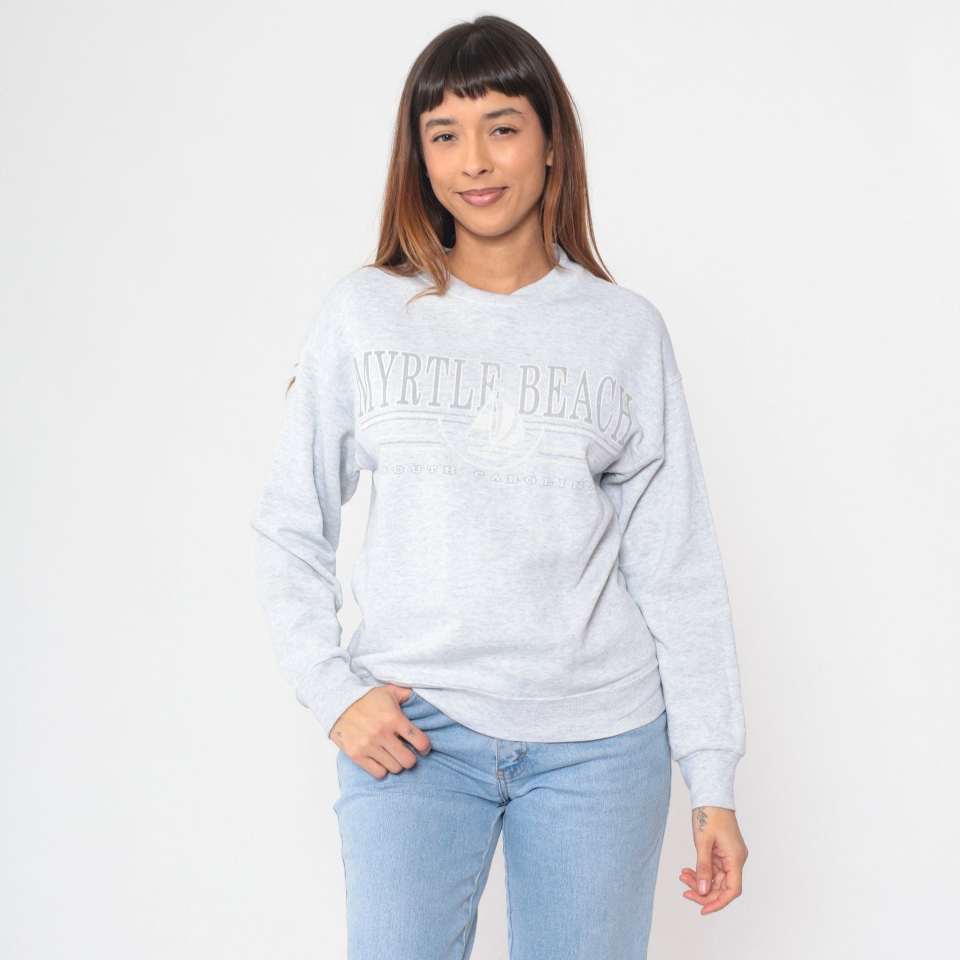 90s Myrtle Beach South Carolina Sailboat Sweatshirt Heather Grey Crewneck Medium