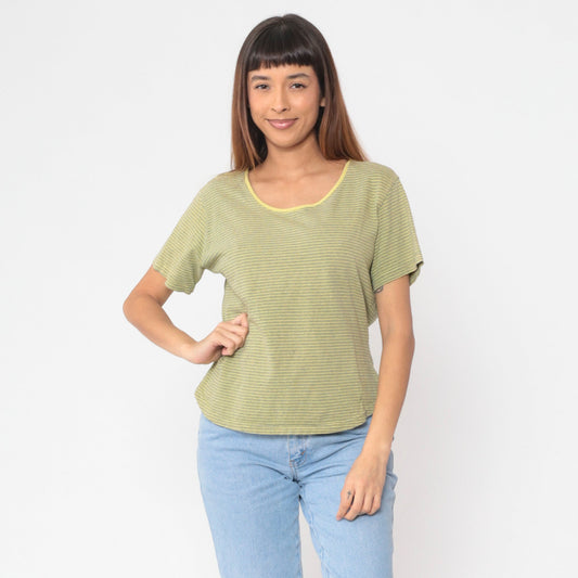90s Gramicci Striped Yellow Scoop Neck T-Shirt Cotton Short Sleeve Large