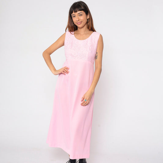 70s Pink Lace Maxi Dress High Waist Scoop Neck Sleeveless Medium