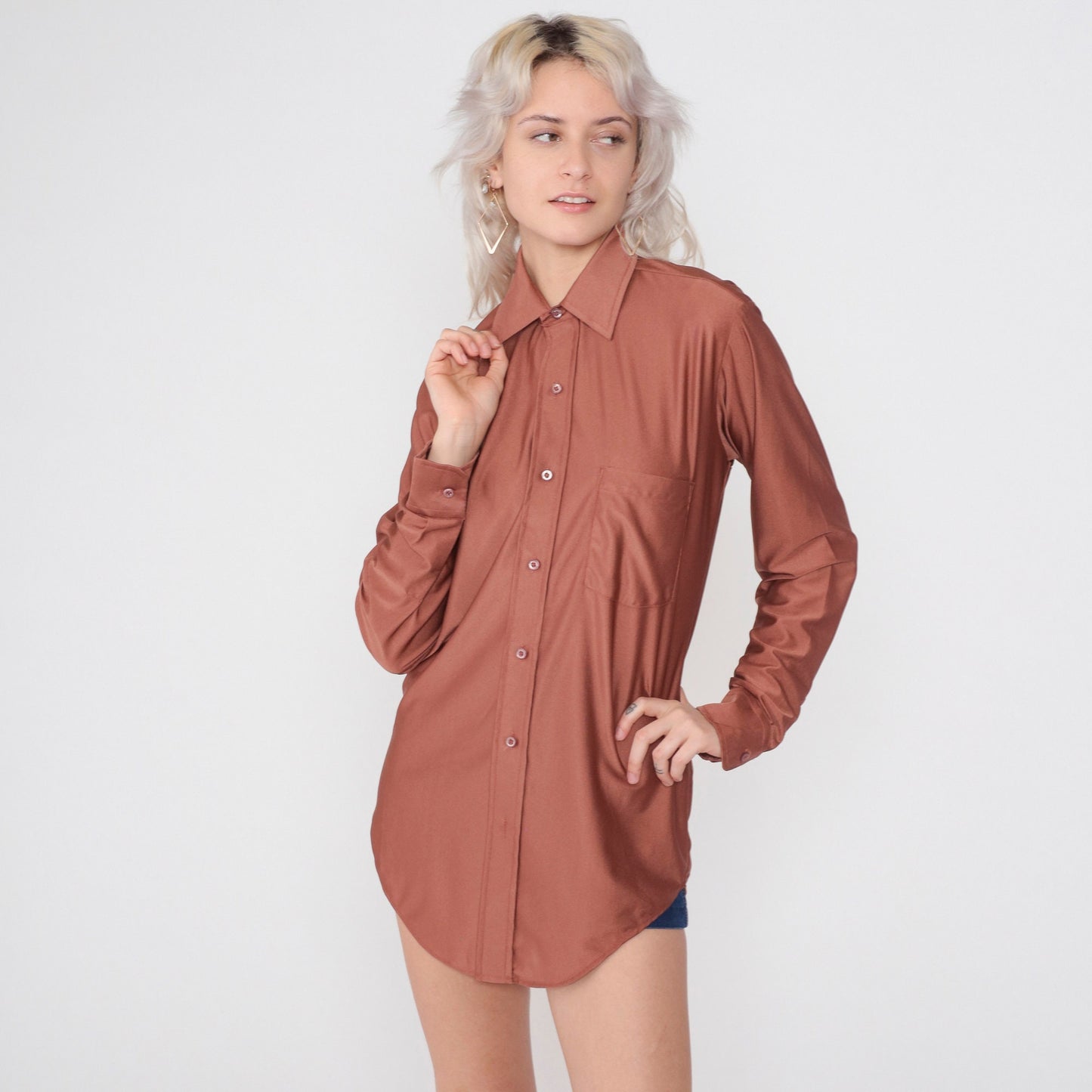 70s Van Heusen Brown Dagger Collar Button-Up Shirt Long Sleeve Medium