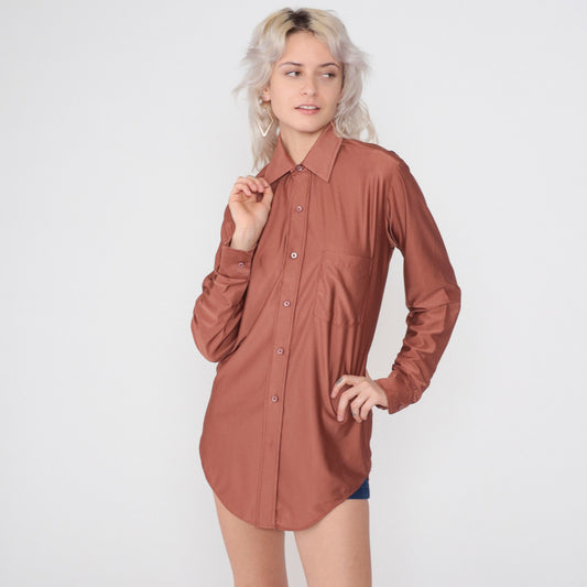 70s Van Heusen Brown Dagger Collar Button-Up Shirt Long Sleeve Medium