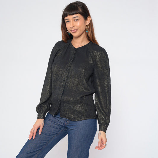 90s Metallic Black Gold Blouse Hidden Button Puff Sleeve Fitted Small S