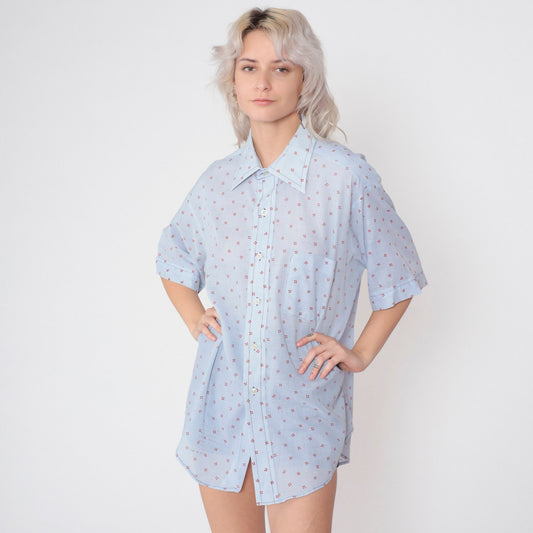 70s Van Heusen Floral Button-Up Shirt Baby Blue Flower Print Men's XXL