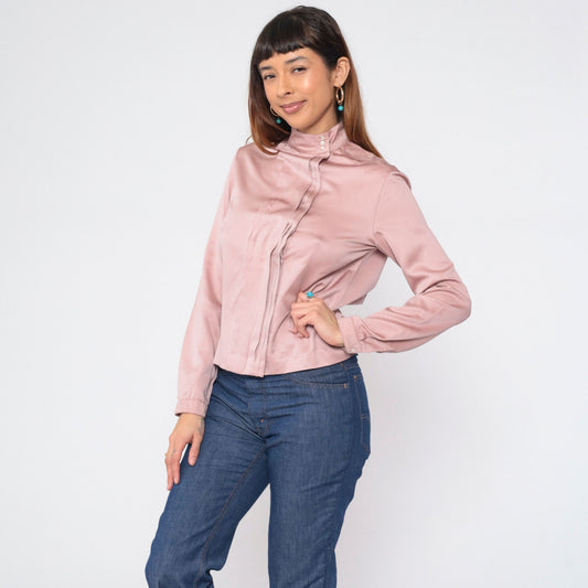 90s Ellen Tracy Pink Pleated Blouse Mock Neck Long Sleeve Medium