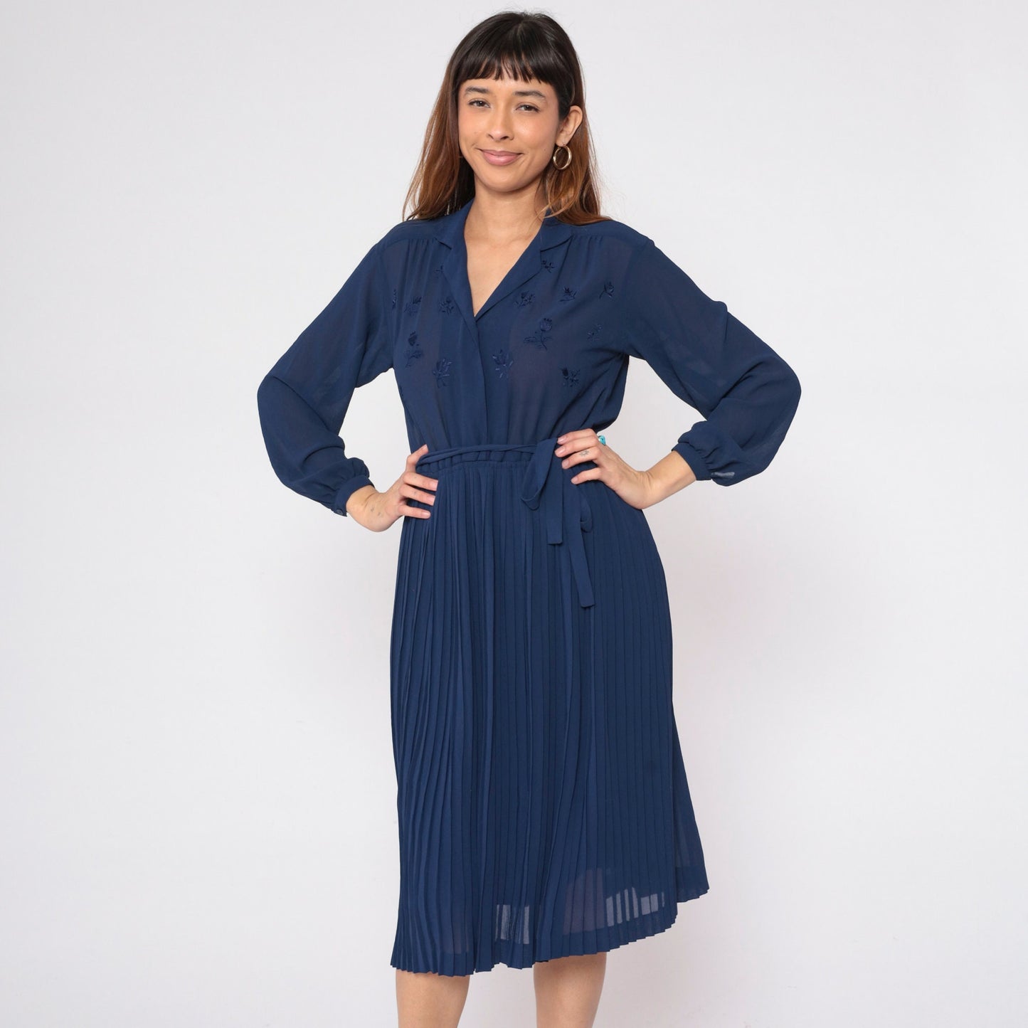 70s Navy Floral Sheer Dress High Waist Pleated Midi Long Sleeve Small