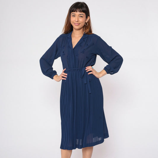70s Navy Floral Sheer Dress High Waist Pleated Midi Long Sleeve Small