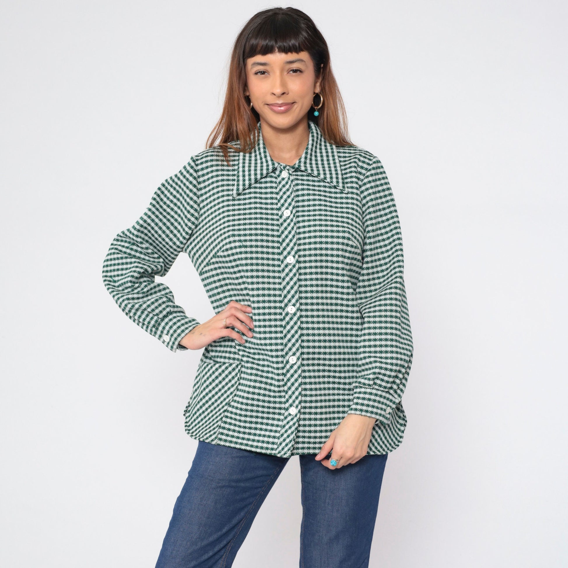 70s Green White Checkered Button-Up Blouse Long Sleeve Collared Shirt Extra Large