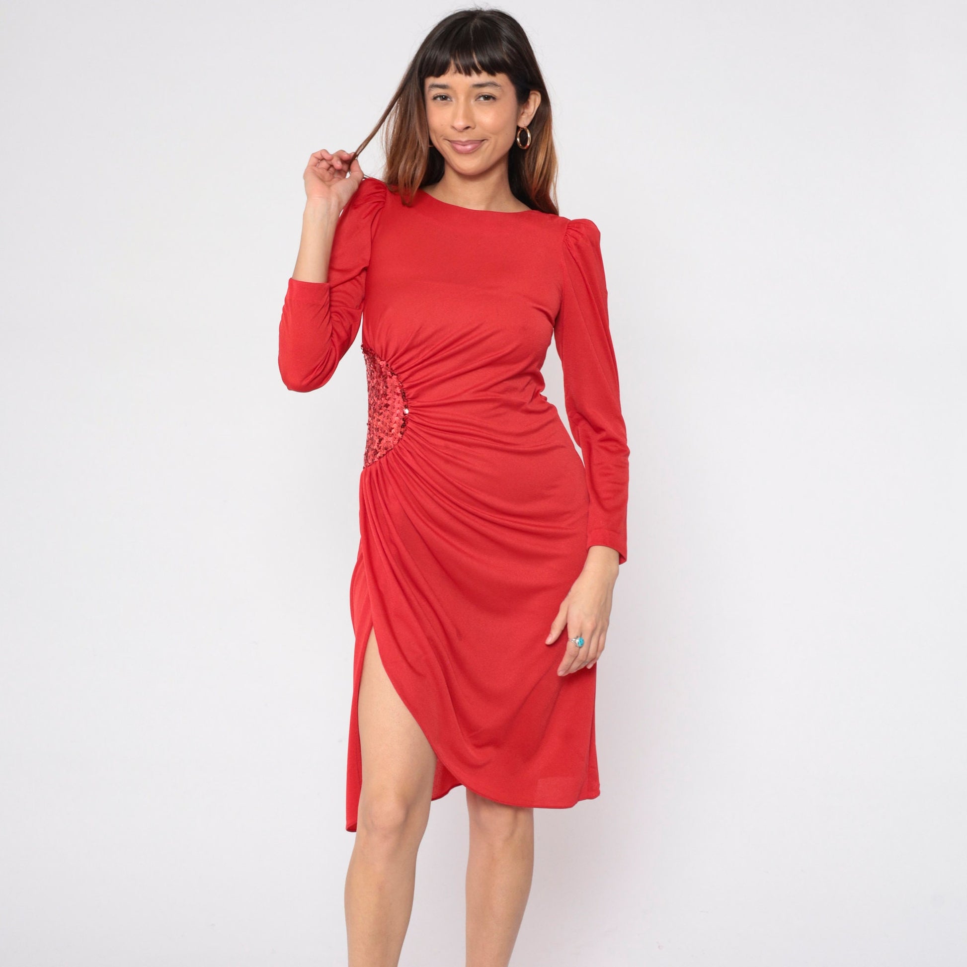 80s Red Sequin Draped Midi Dress Puff Sleeve Grecian Disco Small