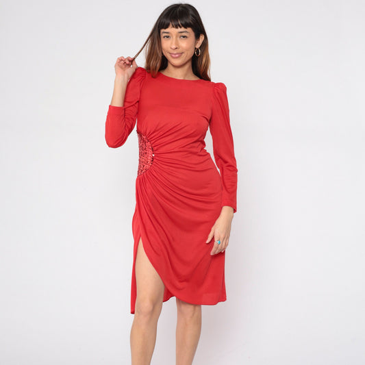 80s Red Sequin Draped Midi Dress Puff Sleeve Grecian Disco Small