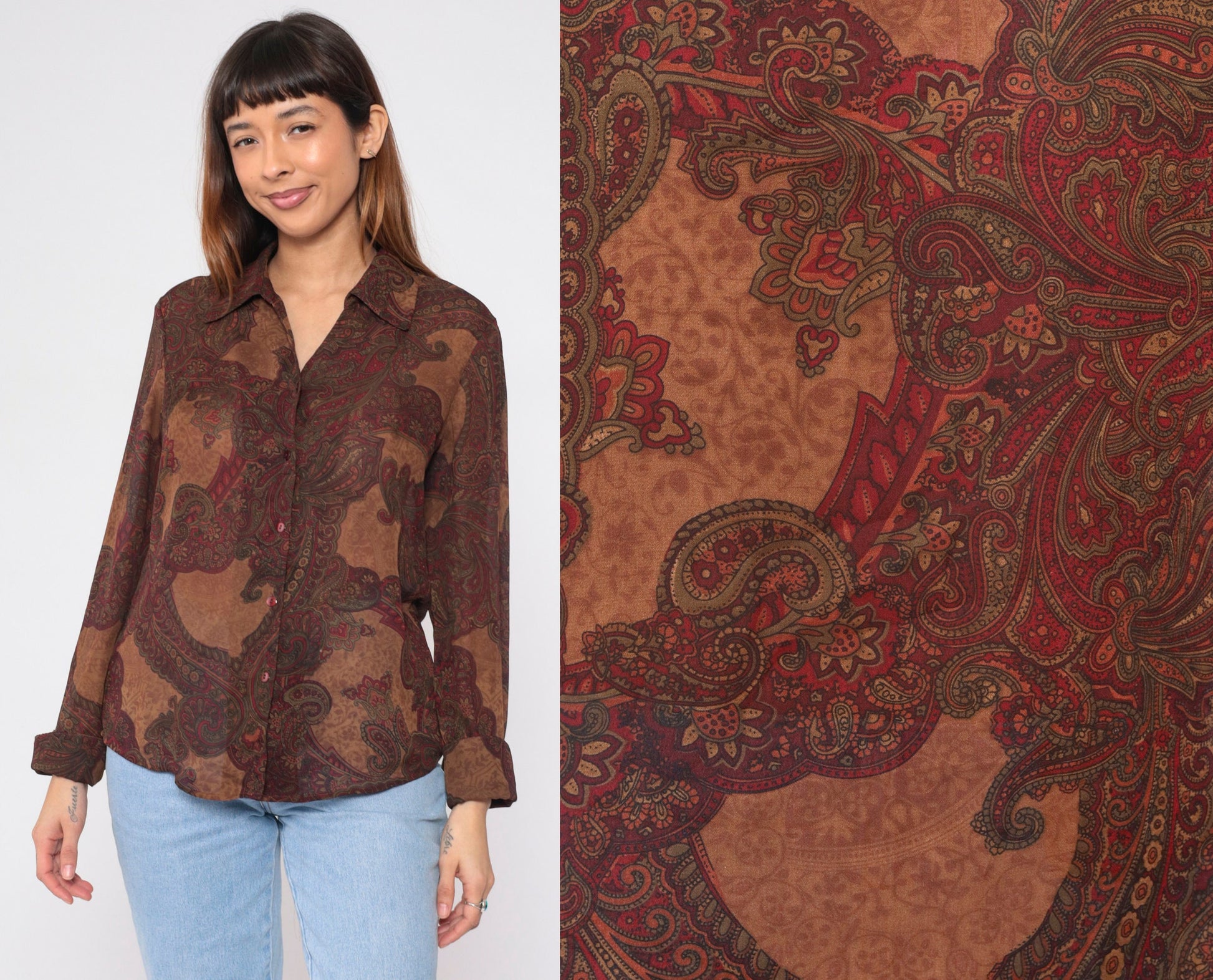 90s Kasper Paisley Button-Up Blouse Brown Long Sleeve Medium