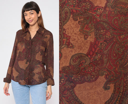 90s Kasper Paisley Button-Up Blouse Brown Long Sleeve Medium