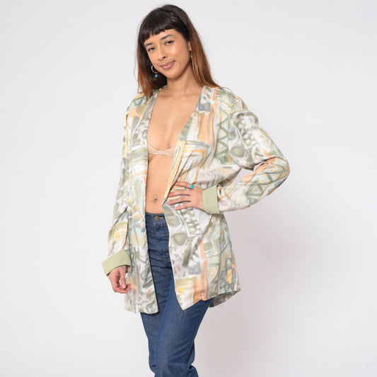 90s Abstract Floral Open Front Jacket Daisy Leaf Print Rayon Medium