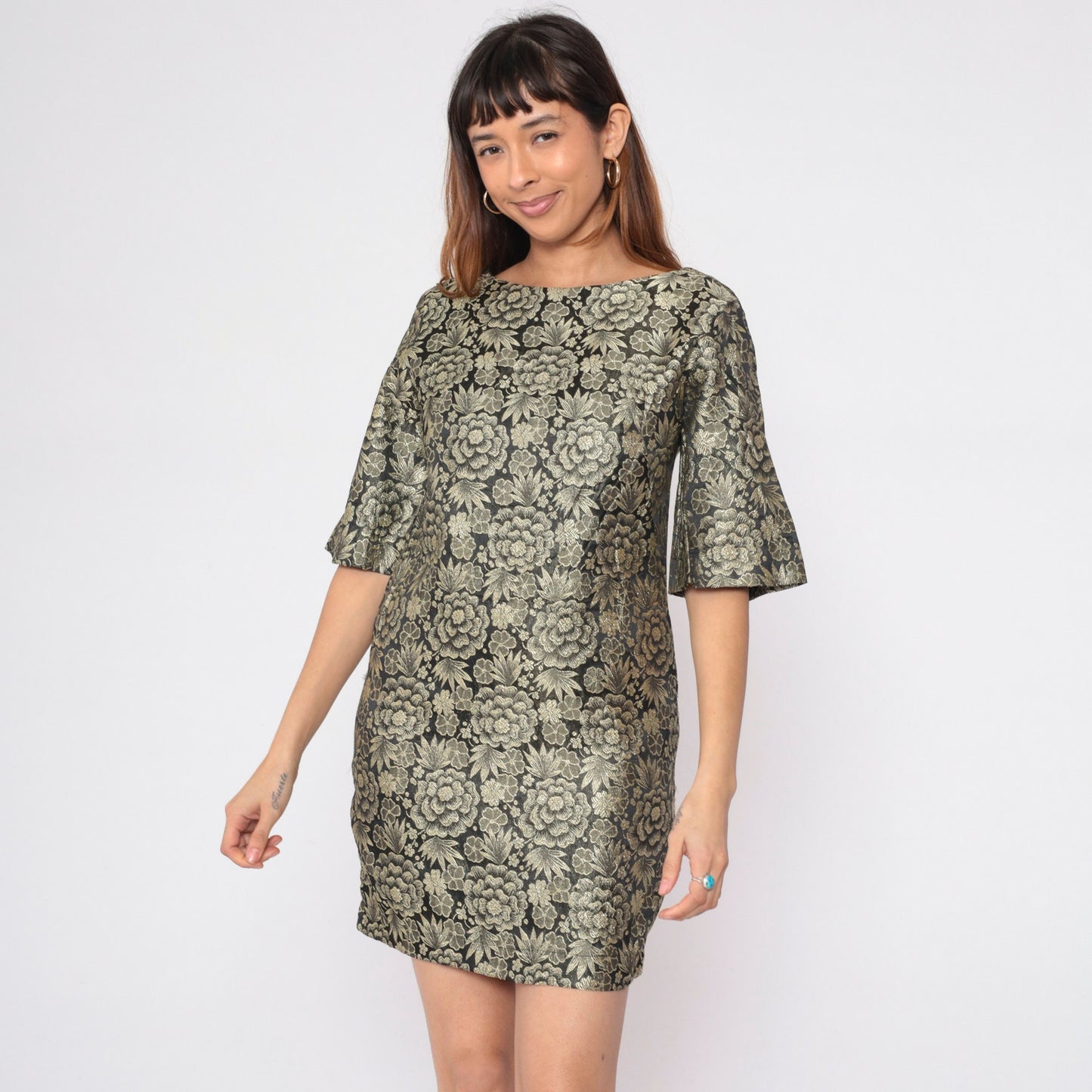 60s Gold Brocade Floral Mini Dress Bell Sleeve Shift Small S