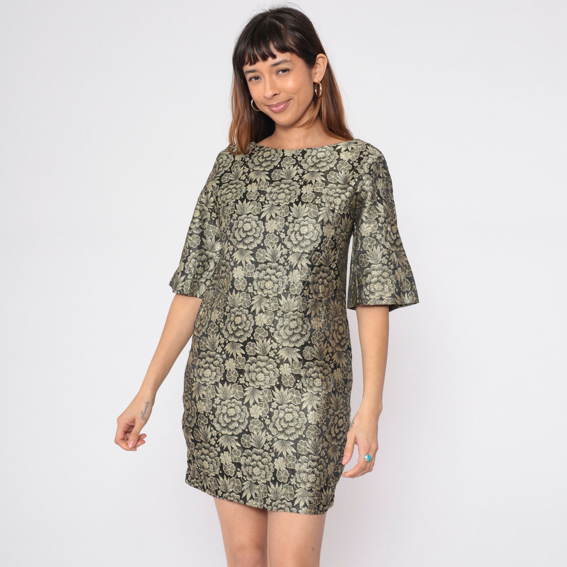 60s Gold Brocade Floral Mini Dress Bell Sleeve Shift Small S