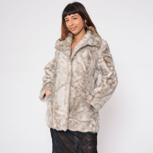 70s Sears Grey Faux Fur Coat Button Front Small
