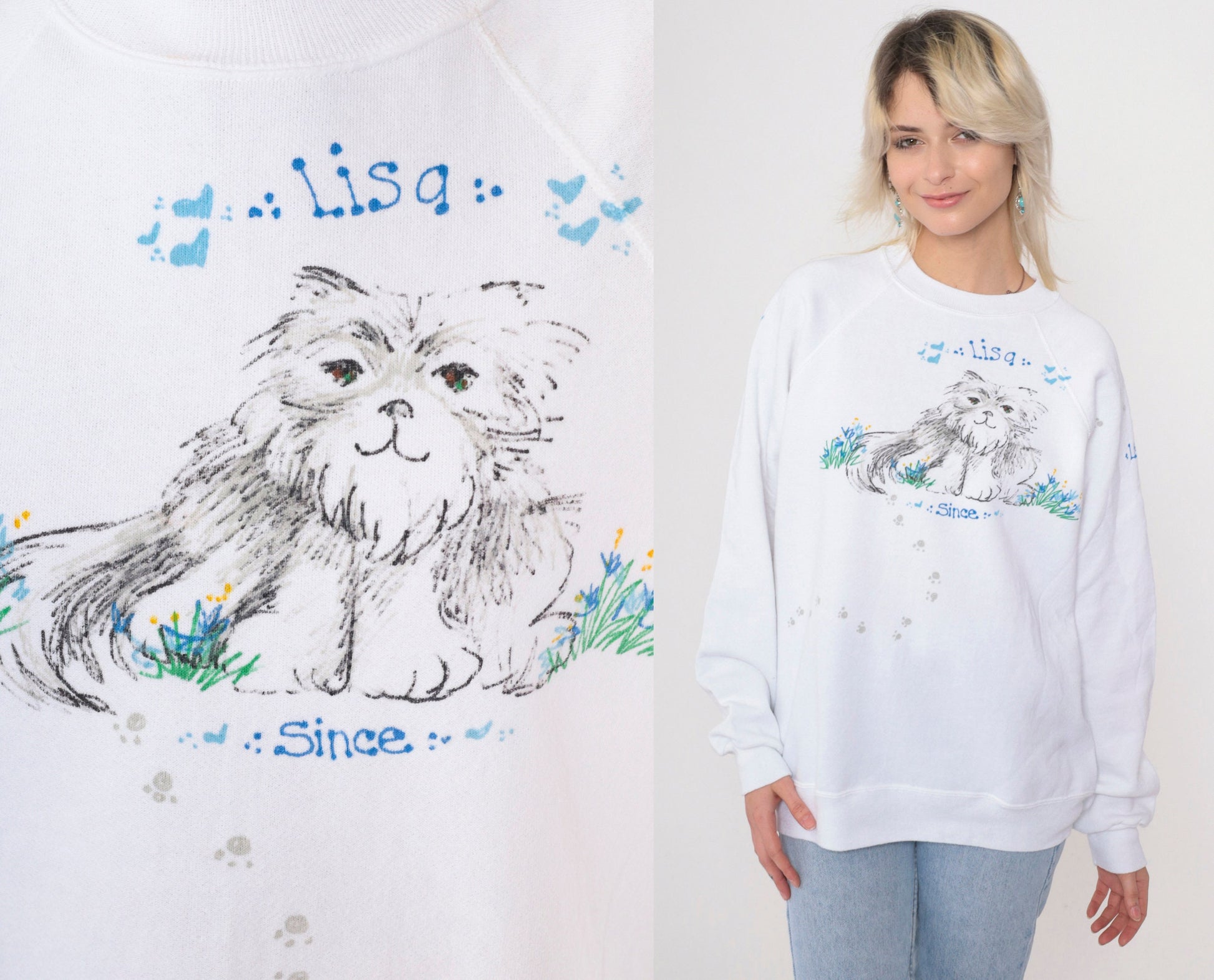 90s Hand Painted Cat Sweatshirt Lisa White Raglan Crewneck Medium