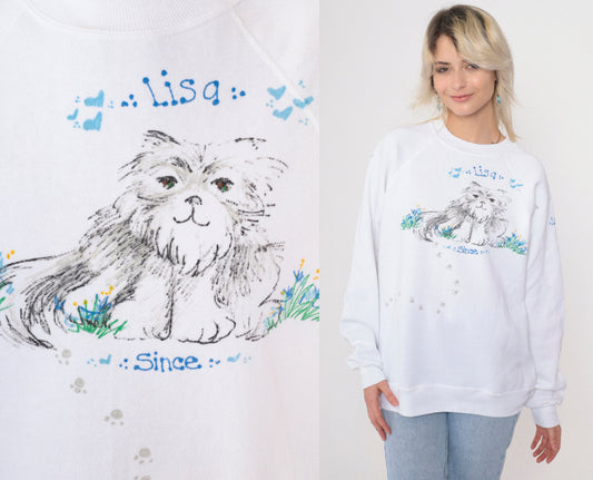 90s Hand Painted Cat Sweatshirt Lisa White Raglan Crewneck Medium