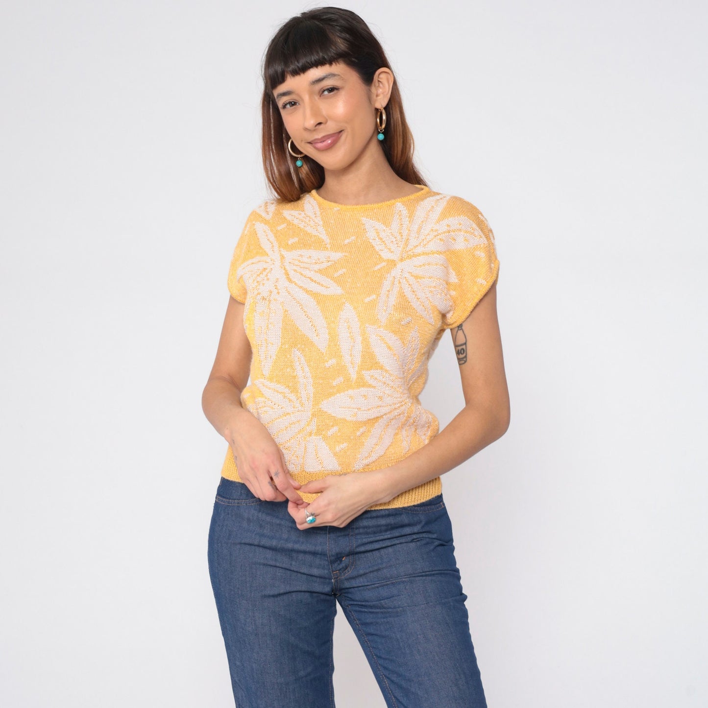 80s The Villager Petites Floral Knit Sweater Yellow Cap Sleeve Small