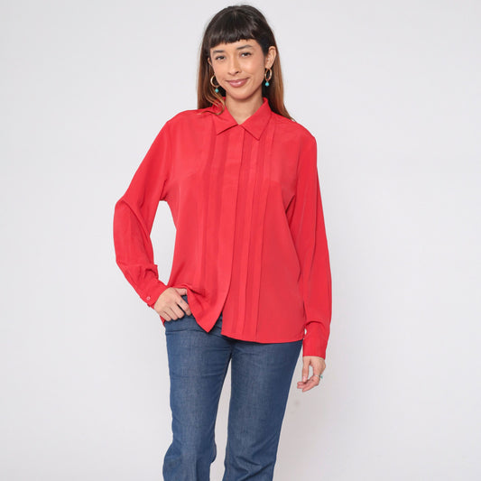 90s Red Pleated Button-Up Blouse Collared Long Sleeve Preppy Large